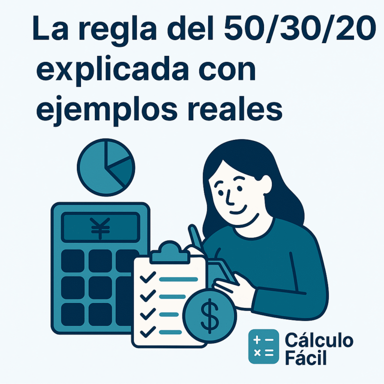 Ilustración en estilo plano que representa la regla del 50/30/20 para presupuestos personales, con elementos visuales de finanzas, porcentajes y ahorro. Imagen destacada del artículo de Cálculo Fácil.