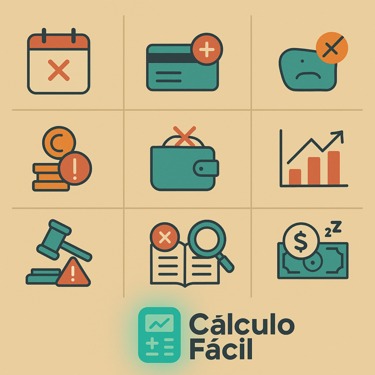 Ilustración de los 10 errores más comunes en finanzas personales representados con iconos: tarjeta de crédito, calendario, billetera vacía, gráficos, lupa y más, junto al logo de CalculoFacil.net