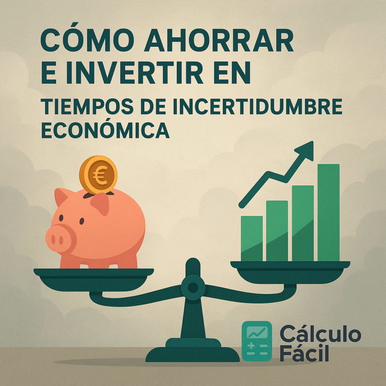 Ilustración de balanza con una alcancía y un gráfico de inversión representando cómo ahorrar e invertir en tiempos de incertidumbre económica, con el logo de CalculoFacil.net
