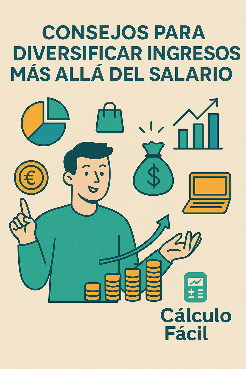 Ilustración con conceptos visuales de fuentes de ingresos múltiples como trabajo freelance, inversión, venta de productos digitales y ahorro, representando la diversificación de ingresos, con el logo de CalculoFacil.net