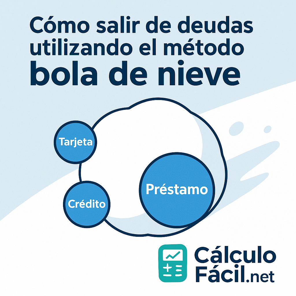 Ilustración del método bola de nieve para salir de deudas con etiquetas de tarjeta, crédito y préstamo, junto al logo de CalculoFacil.net