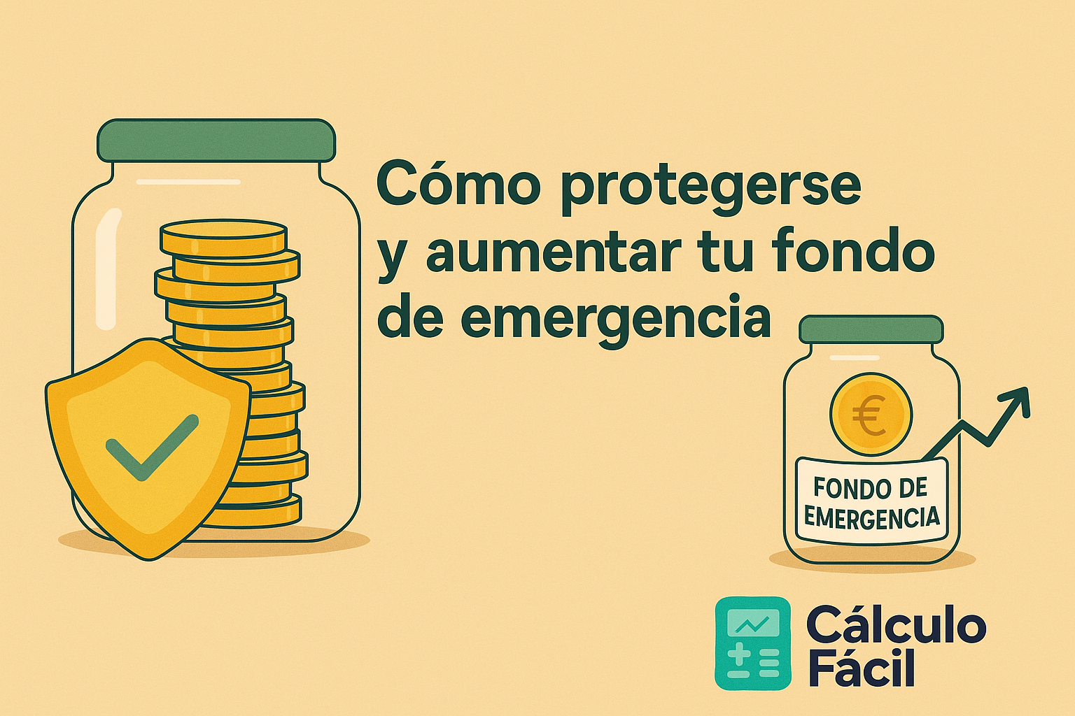 Ilustración digital de fondo de emergencia con una hucha protegida por un escudo y gráficos de ahorro, simbolizando seguridad financiera personal, con el logo de CalculoFacil.net