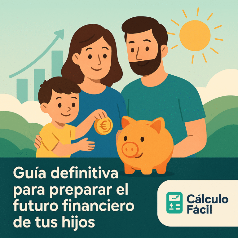 Ilustración de una familia con un niño pequeño ahorrando en una hucha junto a gráficos de crecimiento financiero, representando el futuro económico de los hijos, con el logo de CalculoFacil.net