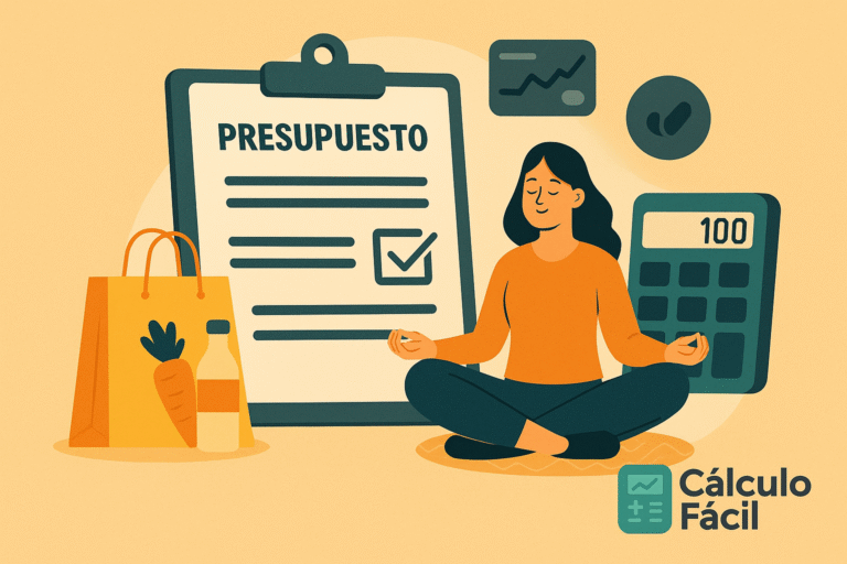 Ilustración de una mujer meditando frente a un presupuesto consciente y calculadora, simbolizando equilibrio financiero y bienestar, con el logo de CalculoFacil.net
