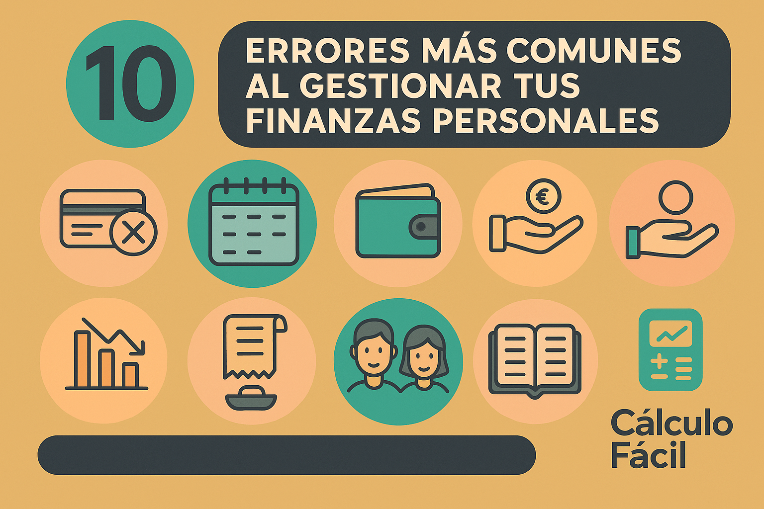 Infografía ilustrada en diseño flat con los 10 errores financieros más comunes, acompañados de iconos simples y el logo de CalculoFacil.net
