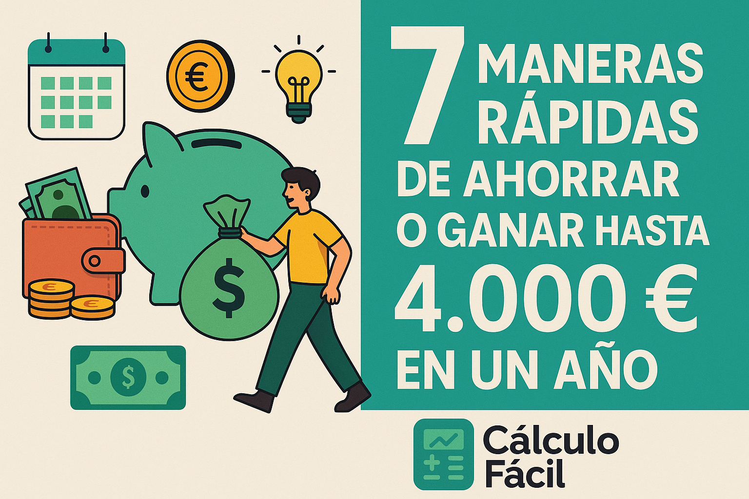 Ilustración digital en estilo flat con siete bloques visuales representando formas de ahorrar y ganar hasta 4.000 euros, junto al logo de CalculoFacil.net