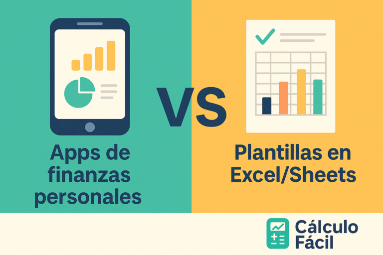 Infografía comparativa entre apps móviles y plantillas de Excel/Sheets para gestionar las finanzas personales, acompañada del logo de CalculoFacil.net