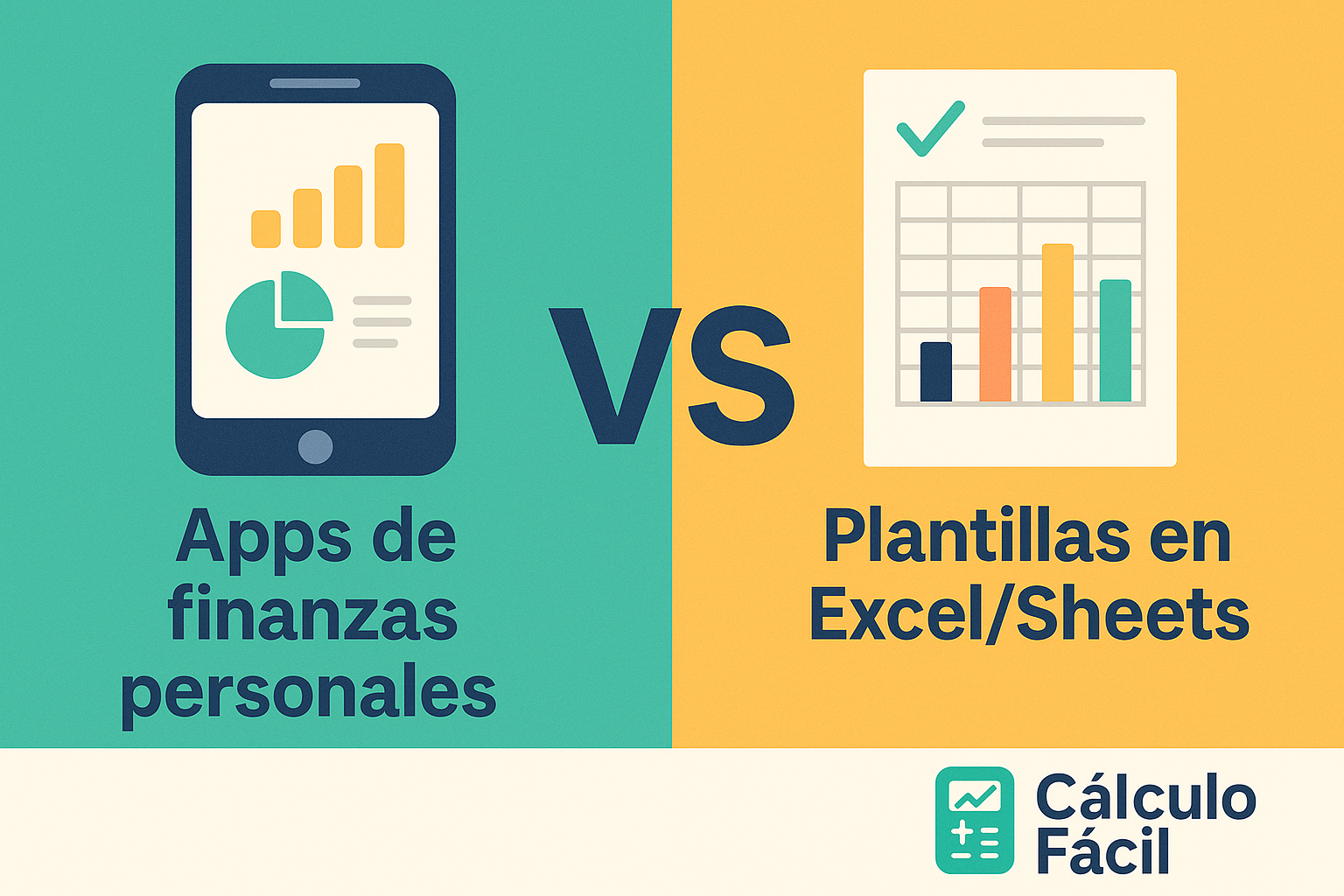Infografía comparativa entre apps móviles y plantillas de Excel/Sheets para gestionar las finanzas personales, acompañada del logo de CalculoFacil.net