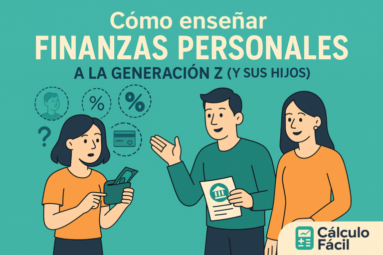 Ilustración educativa sobre cómo enseñar finanzas personales a jóvenes de la Generación Z, con representación de padres e hijos y el logo de CalculoFacil.net
