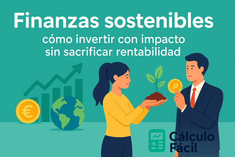 Ilustración digital en estilo flat que representa la inversión sostenible, con elementos visuales como gráficos, hojas verdes y monedas, junto al logo de CalculoFacil.net