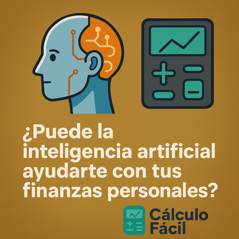 Ilustración digital en estilo flat que representa el uso de inteligencia artificial en las finanzas personales, con elementos como gráficos, algoritmos y un asistente virtual junto al logo de CalculoFacil.net