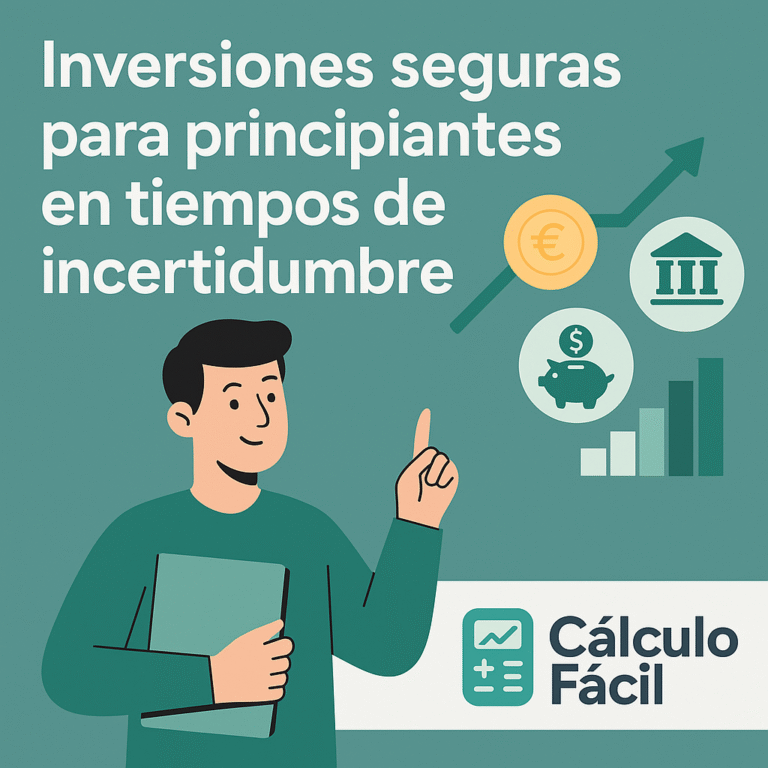 Ilustración digital estilo flat que representa distintas opciones de inversión segura como bonos, depósitos y letras del Tesoro, con el logo de CalculoFacil.net