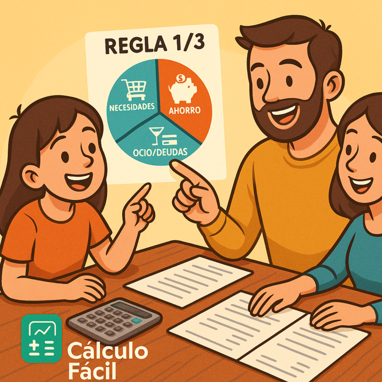Ilustración digital colorida de una familia revisando juntos su presupuesto mensual, con elementos visuales que representan la regla del 1/3: ahorro, gastos y estilo de vida. Incluye el logo de CalculoFacil.net