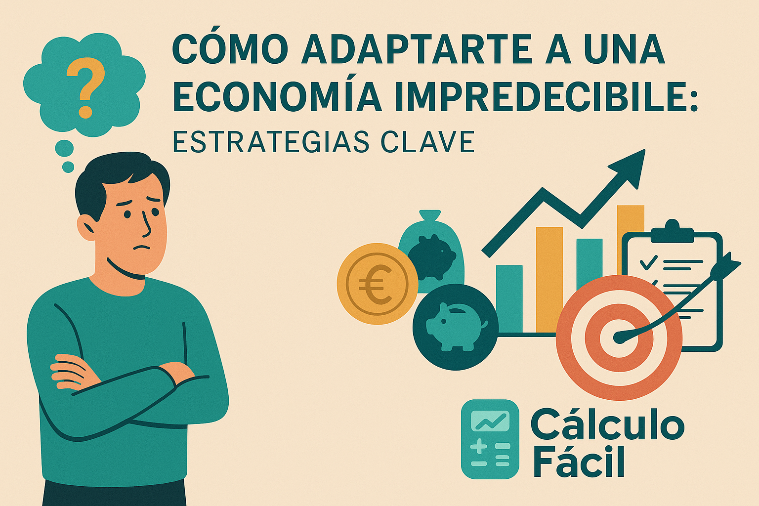 Ilustración digital estilo flat que representa la incertidumbre económica con gráficos inestables, personas tomando decisiones financieras y el logo de CalculoFacil.net