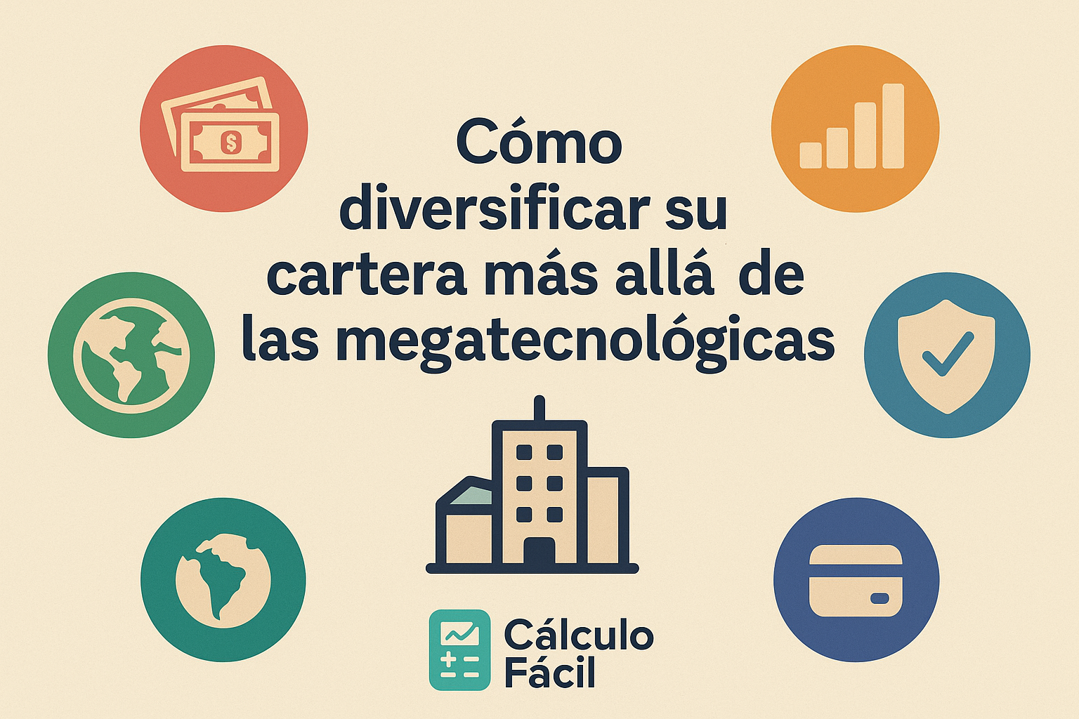 Ilustración digital en estilo flat mostrando una cartera de inversión diversificada más allá de las megatecnológicas, con el logo de CalculoFacil.net