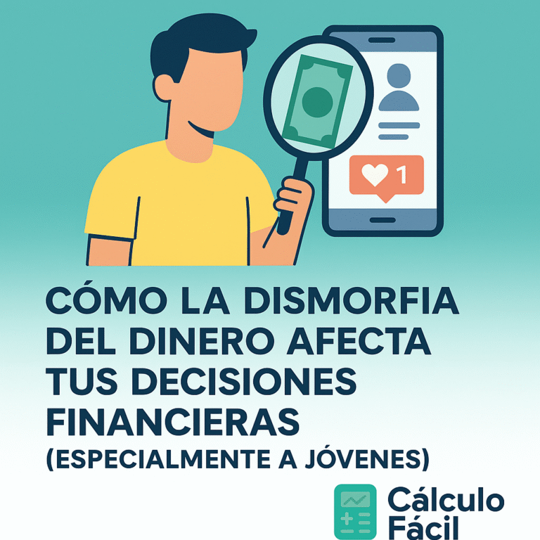 Ilustración digital en estilo plano que representa la dismorfia del dinero, con un joven comparando su situación financiera en redes sociales, iconos de ansiedad económica y billetes, junto al logo de CalculoFacil.net