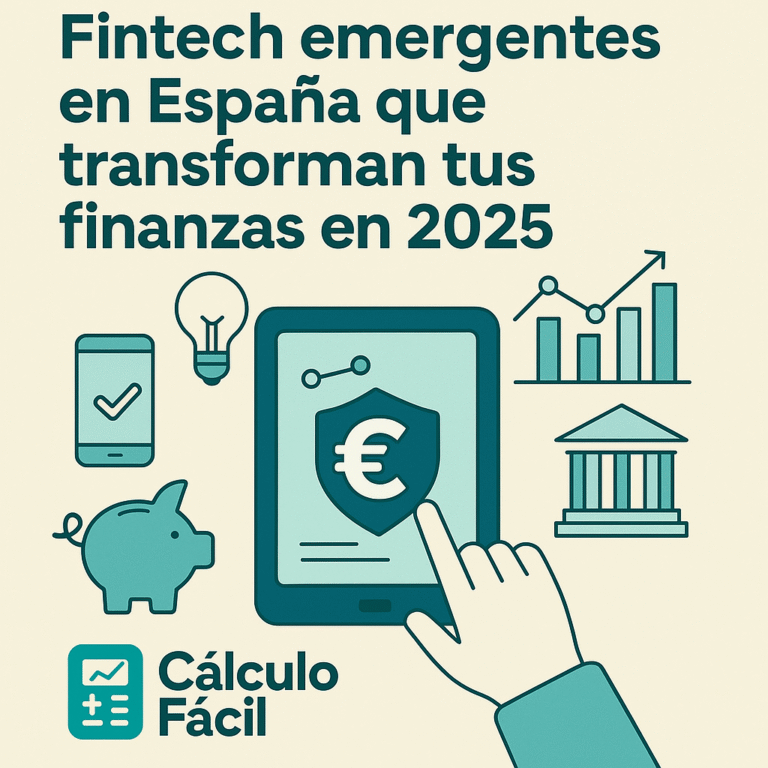 Ilustración digital en estilo plano que muestra las principales fintech emergentes en España en 2025, con iconos representando banca digital, pagos móviles, inversión automatizada y finanzas sostenibles, junto al logo de CalculoFacil.net