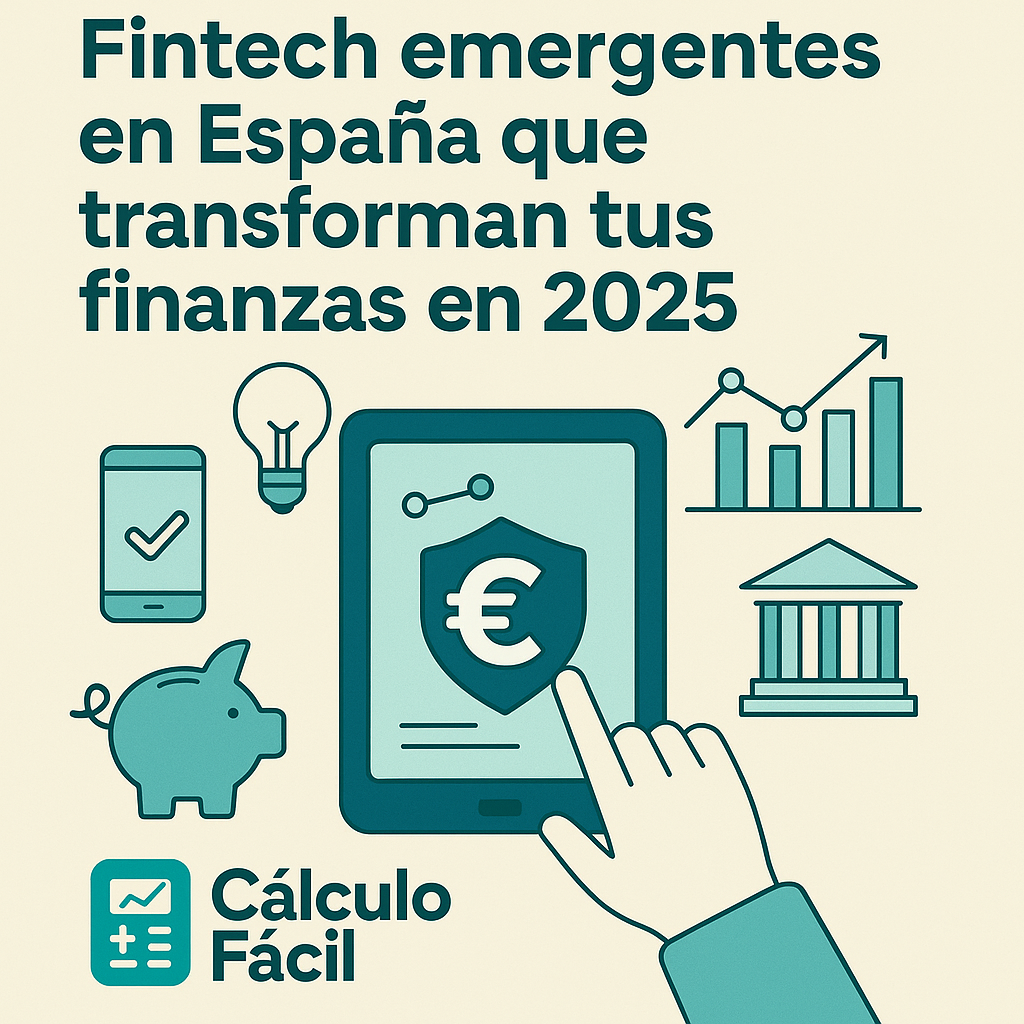 Ilustración digital en estilo plano que muestra las principales fintech emergentes en España en 2025, con iconos representando banca digital, pagos móviles, inversión automatizada y finanzas sostenibles, junto al logo de CalculoFacil.net