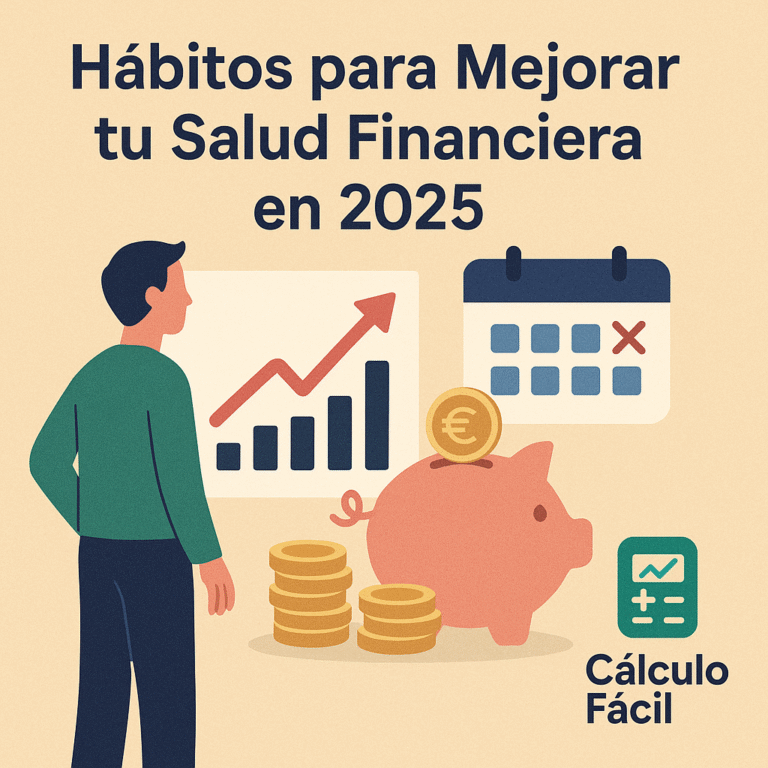 Ilustración digital estilo flat que representa hábitos para mejorar la salud financiera en 2025, con un hombre frente a un gráfico ascendente, un calendario con días marcados, una hucha y monedas, junto al logo de CalculoFacil.net