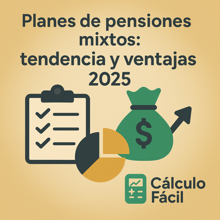 Ilustración digital en estilo flat que representa los planes de pensiones mixtos en España, mostrando equilibrio entre renta fija y variable con gráficos, monedas y elementos financieros