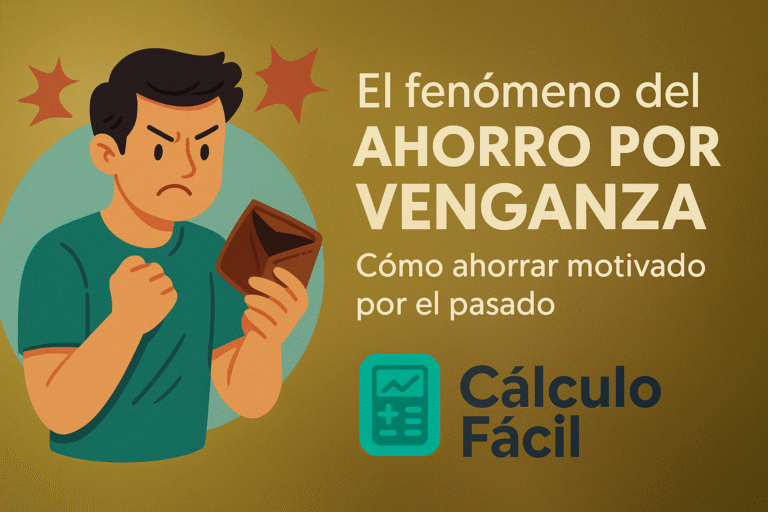 Ilustración digital estilo flat que representa el concepto de ‘ahorro por venganza’, con una persona decidida frente a elementos financieros como huchas, gráficas de recuperación económica y el logo de CalculoFacil.net