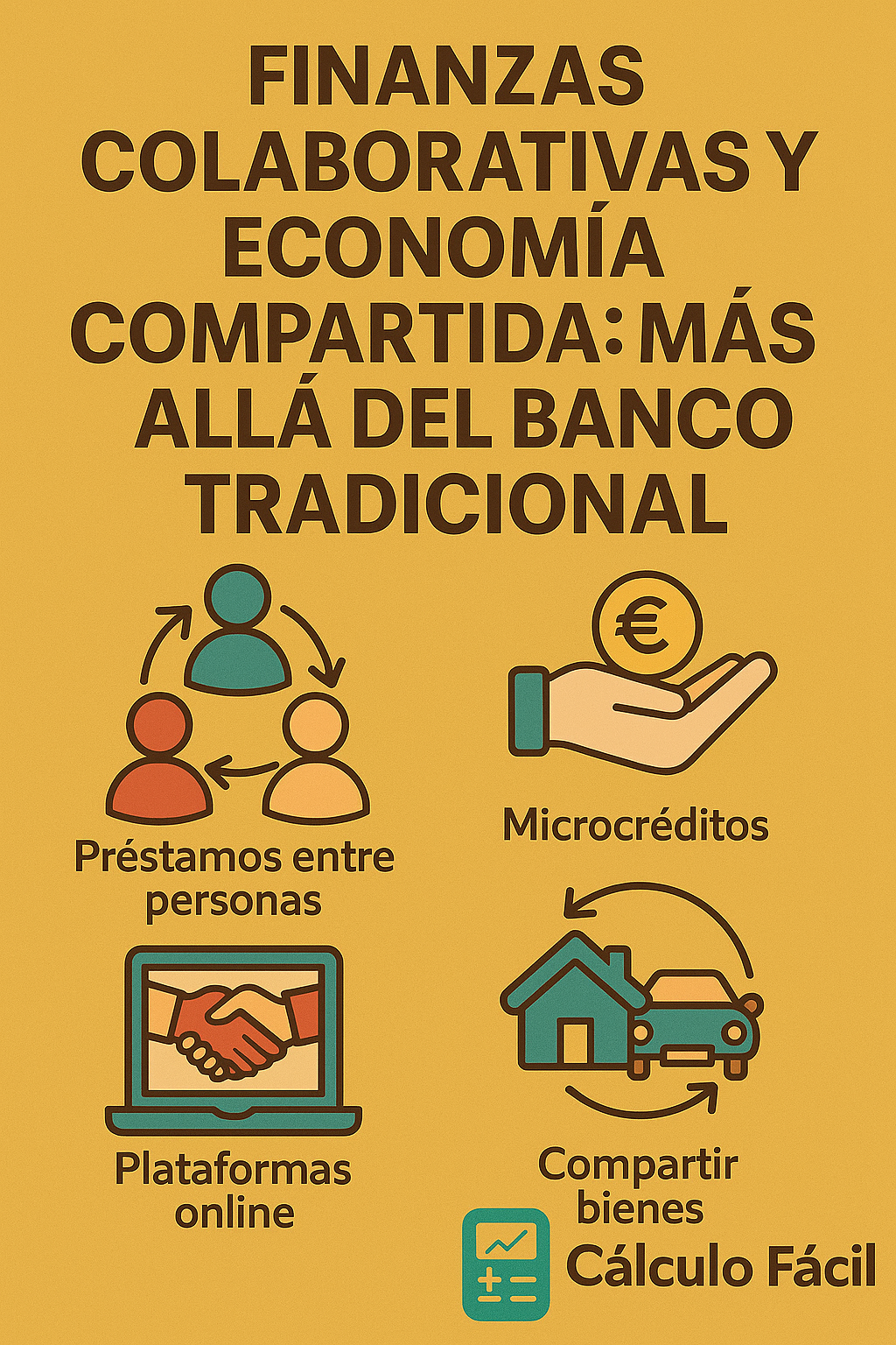 Ilustración digital estilo flat sobre finanzas colaborativas y economía compartida, con iconos de préstamos entre personas, microcréditos, plataformas online y compartir bienes, junto al logo de CalculoFacil.net