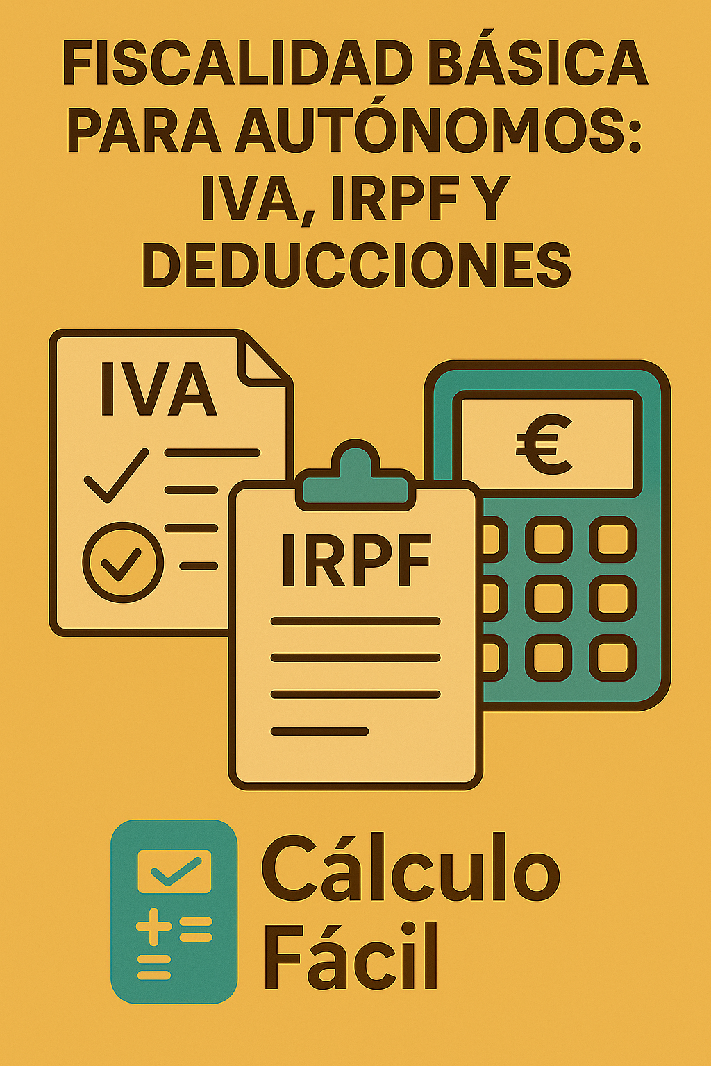Infografía en estilo digital sobre fiscalidad básica para autónomos en España, mostrando conceptos de IVA, IRPF y deducciones fáciles de entender, con el logotipo de CalculoFacil.net