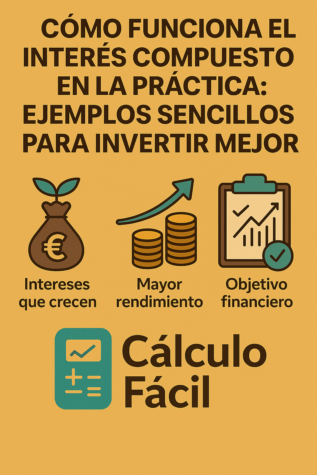 Ilustración digital estilo flat sobre el interés compuesto, con gráfico de crecimiento exponencial, monedas y un reloj que simboliza el paso del tiempo, junto al logo de CalculoFacil.net