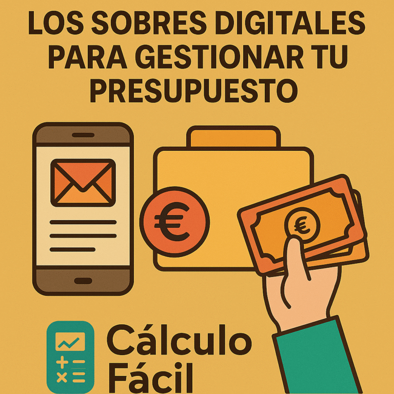 Ilustración digital estilo flat que muestra un móvil con un icono de sobre, una carpeta con símbolo de euro y una mano sosteniendo billetes, representando el método de sobres digitales para gestionar el presupuesto. Incluye el logo de CalculoFacil.net.