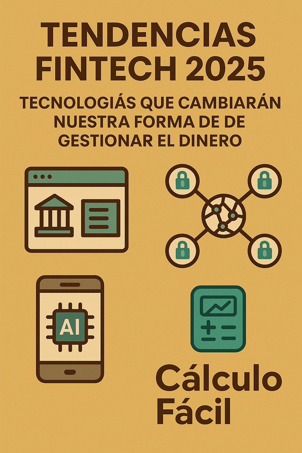 Ilustración digital estilo flat con el título Tendencias Fintech 2025, mostrando iconos de banca digital, blockchain, inteligencia artificial y seguridad financiera, junto al logo de CalculoFacil.net
