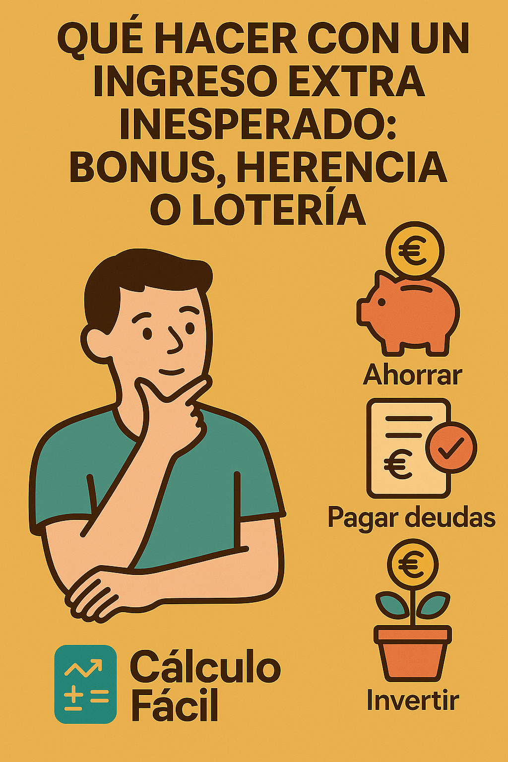 Ilustración estilo flat sobre qué hacer con un ingreso extra inesperado, mostrando a una persona pensando entre tres opciones: ahorrar con una hucha, pagar deudas con una factura y un símbolo de euro, e invertir con una planta que crece con monedas. Incluye el logo de CalculoFacil.net