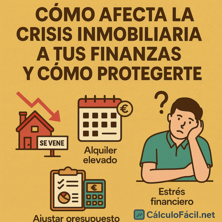 Ilustración digital estilo flat sobre cómo afecta la crisis inmobiliaria a tus finanzas, mostrando una casa en venta, un calendario con alquiler elevado, un gráfico de presupuesto, una persona con estrés financiero y el logo de CalculoFacil.net
