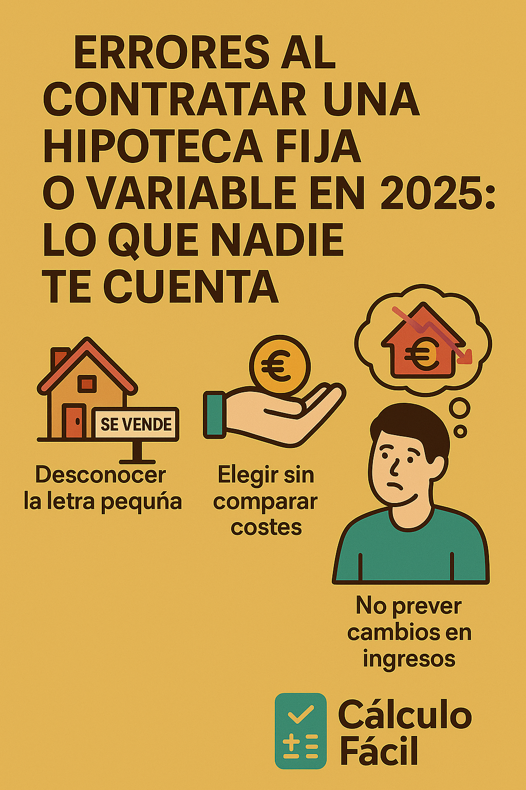 Ilustración digital estilo flat de una balanza con una casa en el centro, representando la elección entre hipoteca fija y variable en 2025, con el logo de CalculoFacil.net