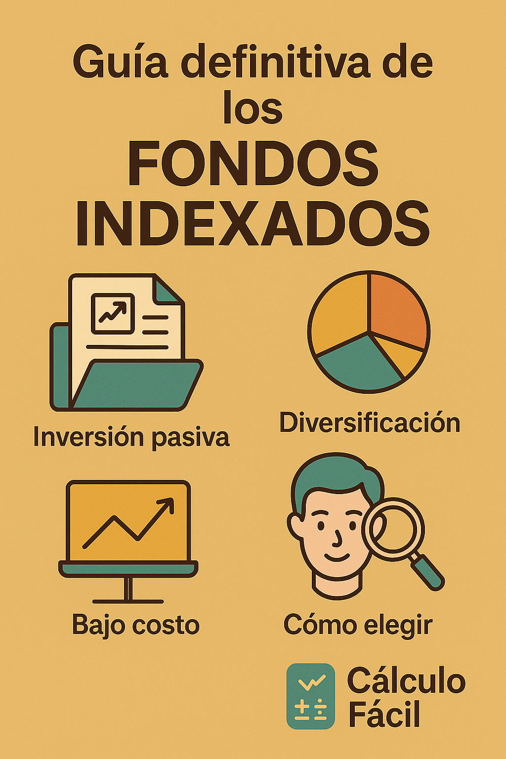 Ilustración digital estilo flat con gráficos financieros en crecimiento, un portátil mostrando una cartera de inversión diversificada y un índice bursátil en alza, junto al logo de CalculoFacil.net