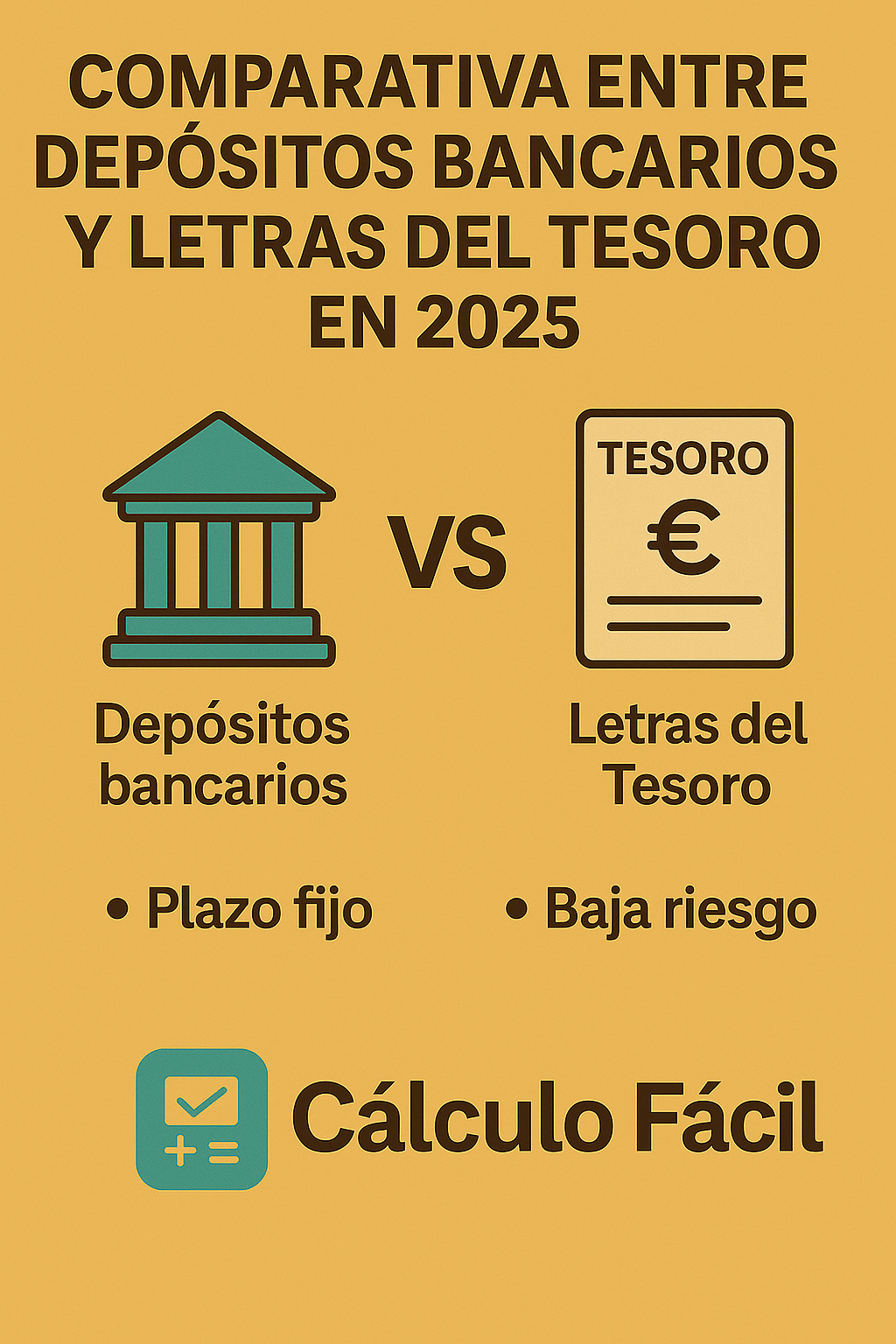 Infografía estilo flat comparando depósitos bancarios y letras del Tesoro en 2025. A la izquierda, un icono de banco con el texto ‘depósitos bancarios’ y la característica ‘plazo fijo’. A la derecha, un documento con símbolo de euro y el texto ‘letras del Tesoro’ con la característica ‘baja riesgo’. Incluye el logo de CalculoFacil.net
