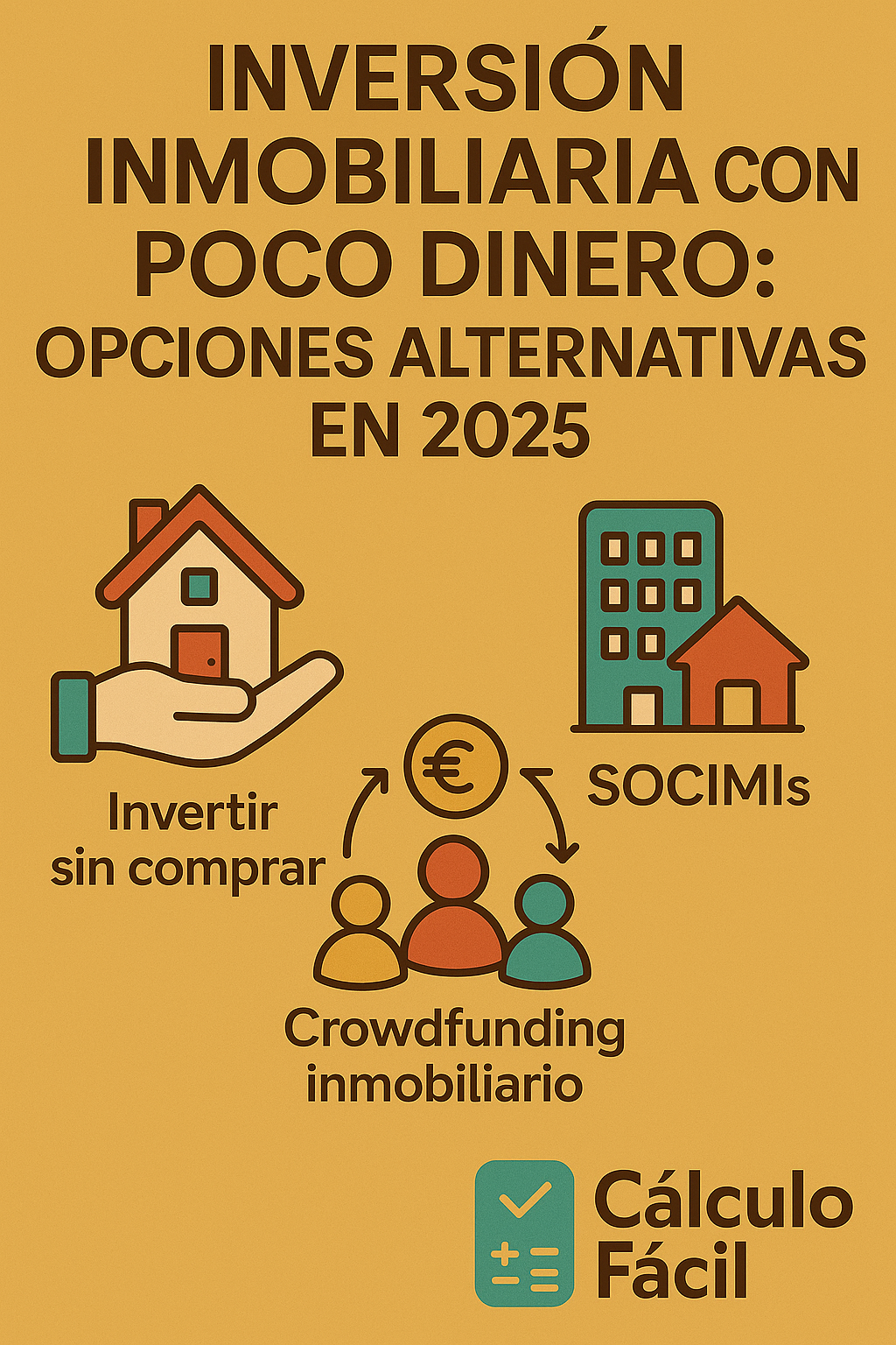Ilustración digital sobre inversión inmobiliaria con poco dinero en 2025. Se representan edificios, monedas y una lupa, simbolizando opciones alternativas como crowdfunding inmobiliario o socimis. Estilo flat design, con el logo de Cálculo Fácil.