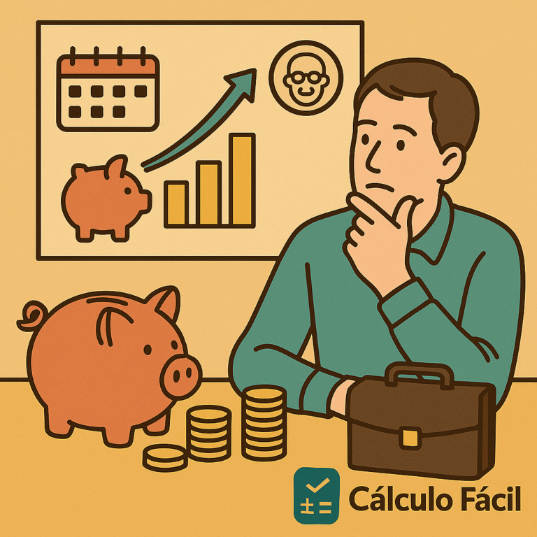 Ilustración estilo flat de una persona de mediana edad planificando la jubilación con una pizarra que muestra calendario, gráfico ascendente y hucha; piggy bank y monedas sobre la mesa, junto al logo de CalculoFacil.net