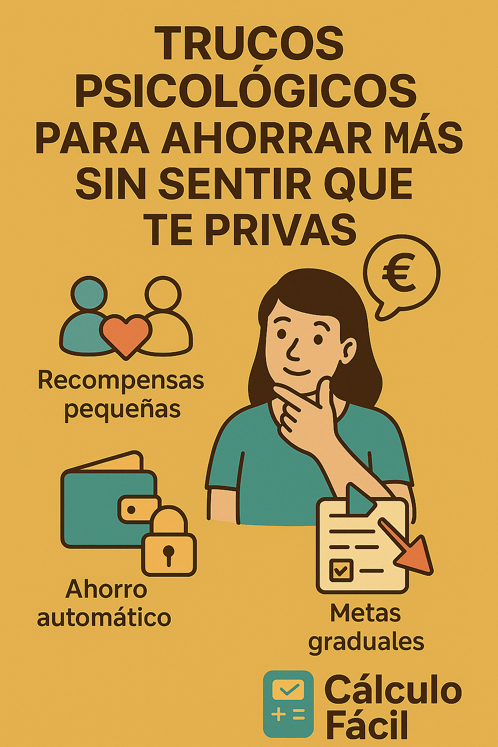 Ilustración estilo flat titulada ‘Trucos psicológicos para ahorrar más sin sentir que te privas’, con una persona reflexiva y símbolos de recompensas pequeñas, ahorro automático y metas graduales. Incluye el logo de CalculoFacil.net