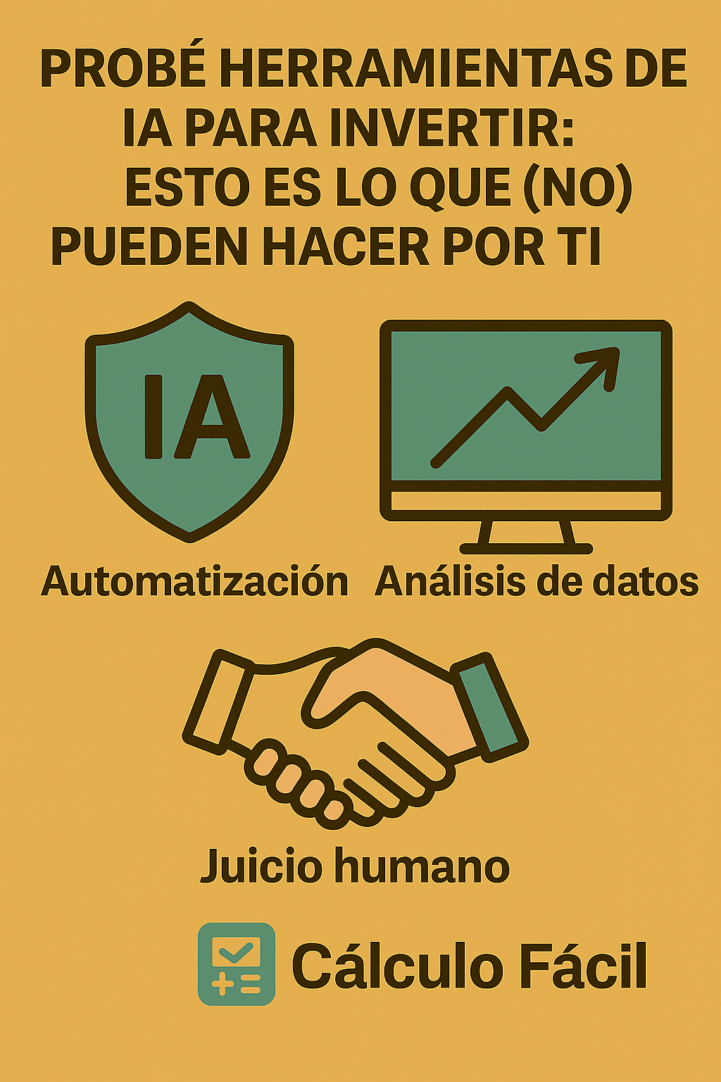 Infografía en estilo plano sobre herramientas de IA para invertir, con iconos de escudo, gráfico y apretón de manos. Incluye textos: Automatización, Análisis de datos, Juicio humano y el logotipo de Cálculo Fácil.