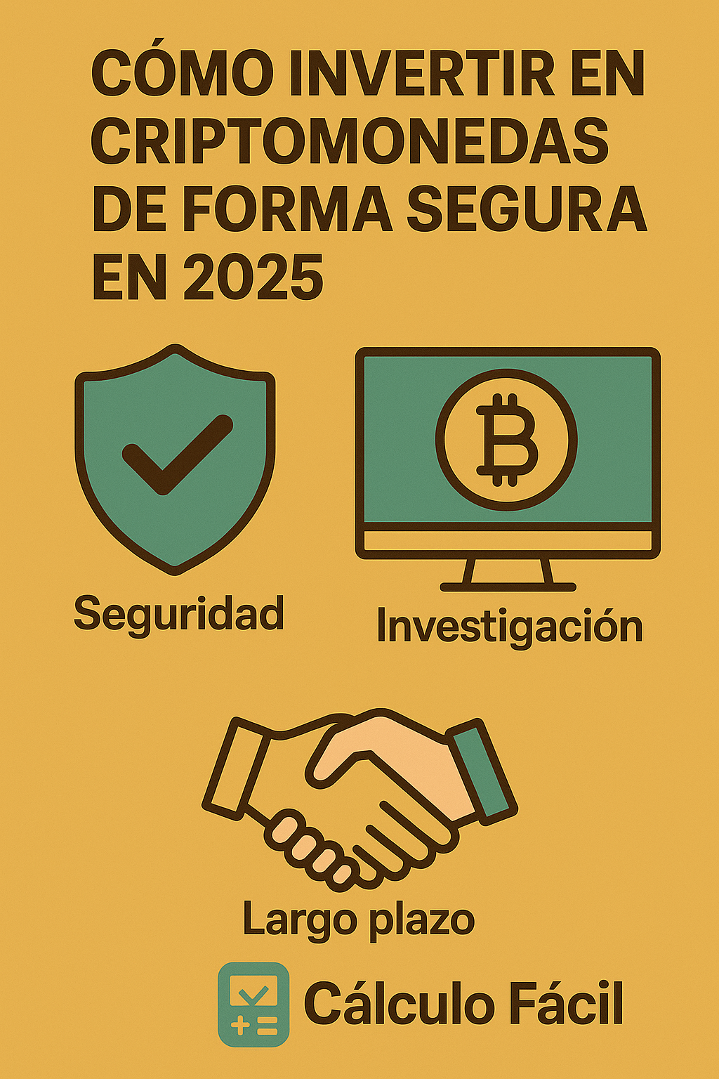 Ilustración digital con el título ‘Cómo invertir en criptomonedas de forma segura en 2025’. Aparecen iconos representando seguridad, investigación y largo plazo, junto al logo de Cálculo Fácil