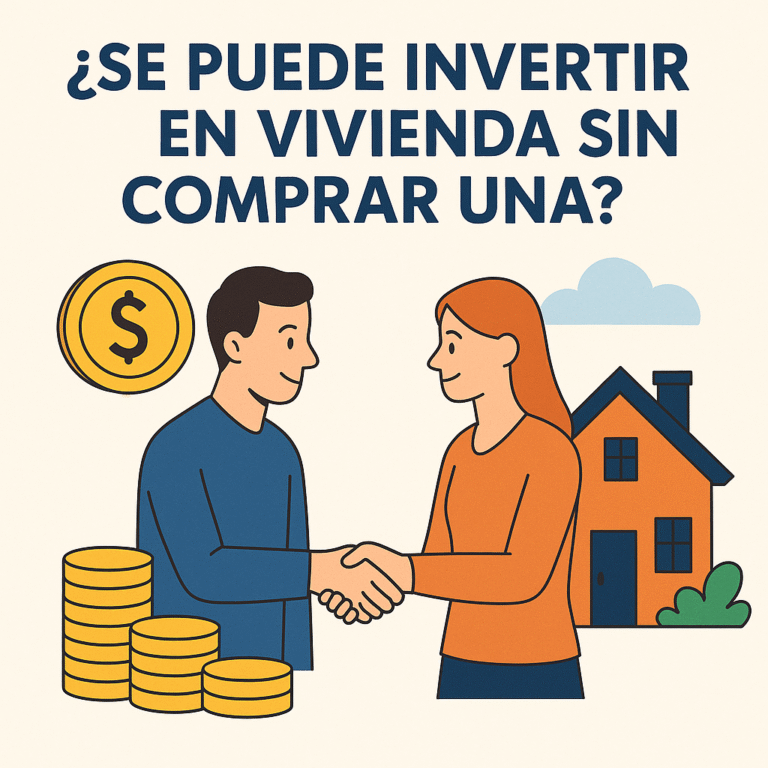 Ilustración en estilo plano de un hombre y una mujer dándose la mano, con monedas y una casa al fondo, representando el concepto de invertir en vivienda sin comprar una.