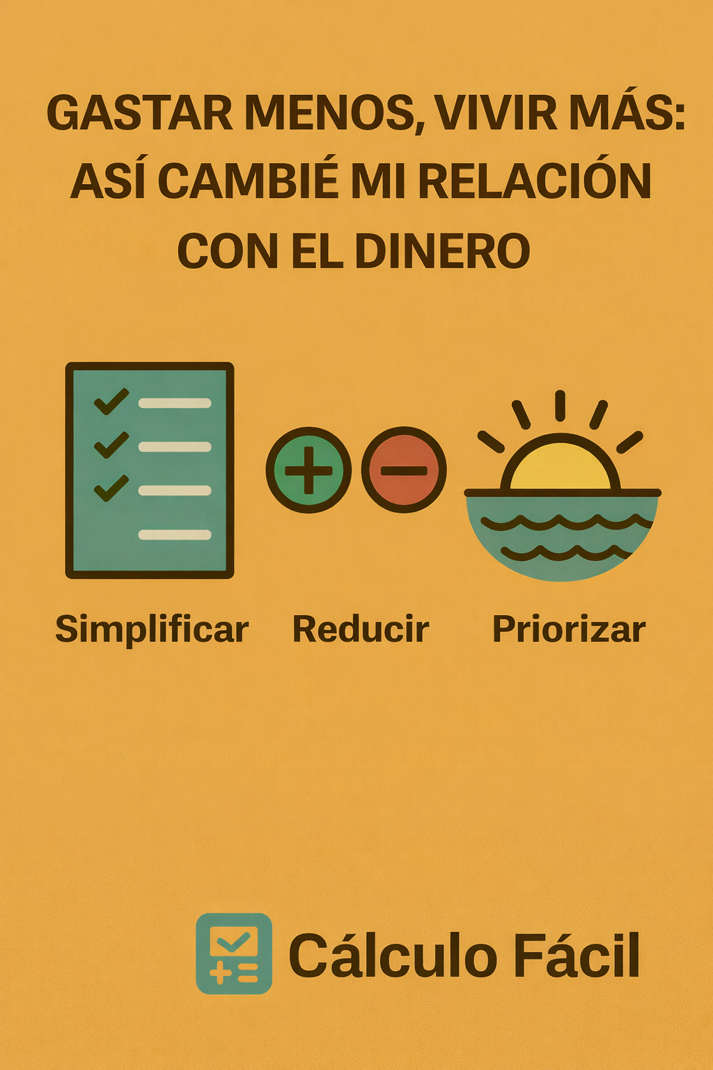 Infografía en estilo plano sobre minimalismo financiero, con el título “Gastar menos, vivir más: así cambié mi relación con el dinero” y tres iconos representando simplificar, reducir y priorizar, acompañados del logotipo de Cálculo Fácil.