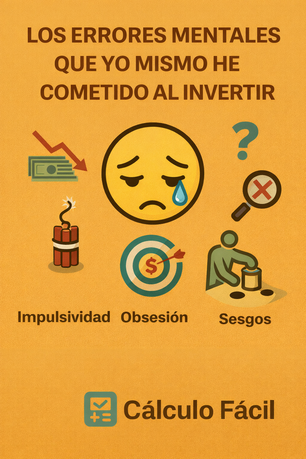 Infografía en estilo plano con fondo amarillo sobre errores mentales al invertir. Incluye un emoji triste con lágrima en el centro, rodeado de iconos que representan impulsividad, obsesión y sesgos, junto al texto “Los errores mentales que yo mismo he cometido al invertir” y el logotipo de Cálculo Fácil.