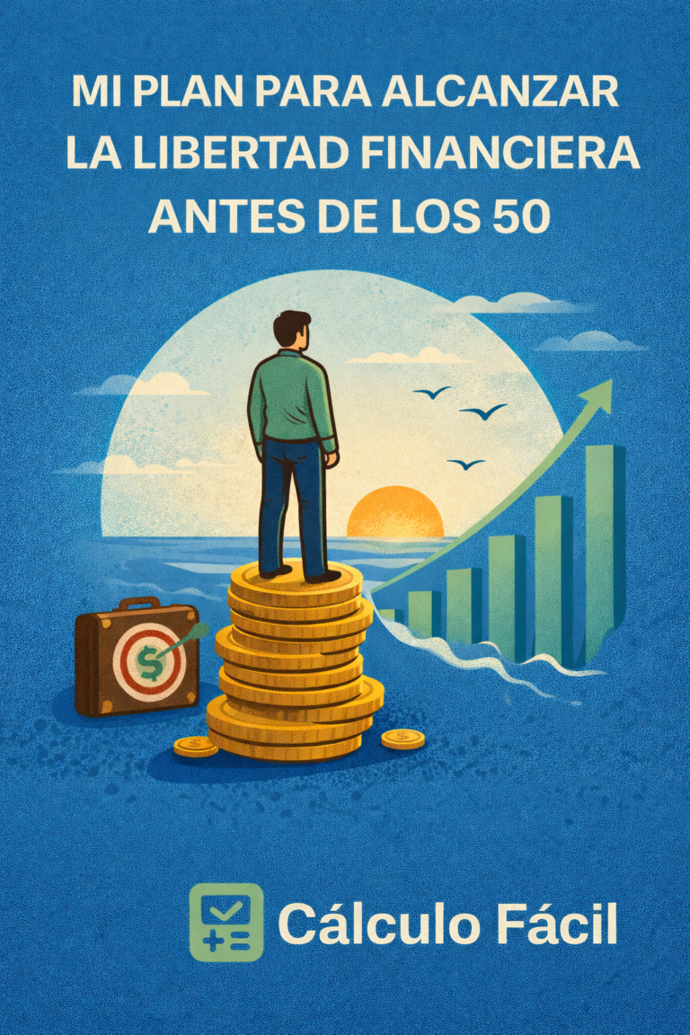 Ilustración en estilo plano con fondo amarillo que representa la libertad financiera antes de los 50. Muestra una persona subiendo una escalera hacia una meta con símbolo de euro y sol al fondo, junto a iconos de ahorro, inversión y planificación. Incluye el texto “Mi plan para alcanzar la libertad financiera antes de los 50” y el logotipo de Cálculo Fácil.