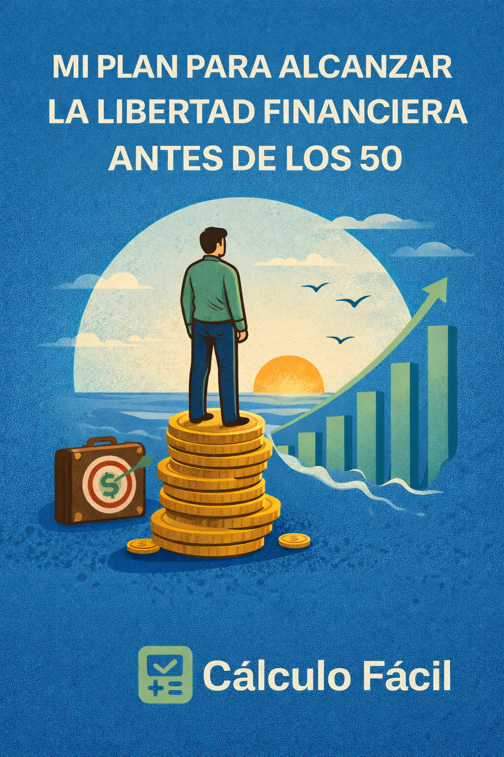 Ilustración en estilo plano con fondo amarillo que representa la libertad financiera antes de los 50. Muestra una persona subiendo una escalera hacia una meta con símbolo de euro y sol al fondo, junto a iconos de ahorro, inversión y planificación. Incluye el texto “Mi plan para alcanzar la libertad financiera antes de los 50” y el logotipo de Cálculo Fácil.