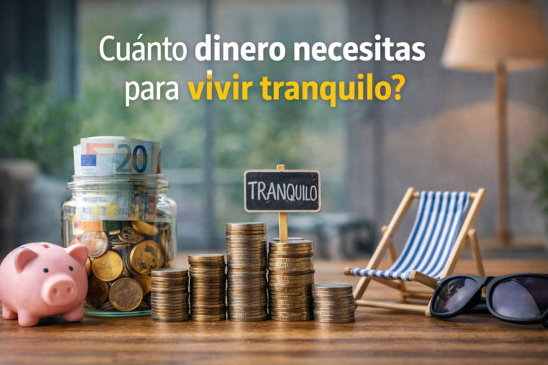Imagen que representa cuánto dinero necesitas para vivir tranquilo, con una hucha, un tarro con billetes y monedas, varias pilas de monedas y una silla de playa, simbolizando ahorro, estabilidad y tranquilidad financiera.