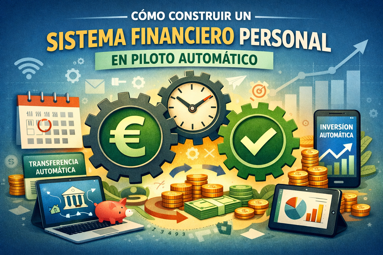 Ilustración que representa un sistema financiero personal automatizado, con engranajes conectados, símbolo del euro, reloj y elementos de inversión y transferencias automáticas, reflejando la gestión del dinero en piloto automático.