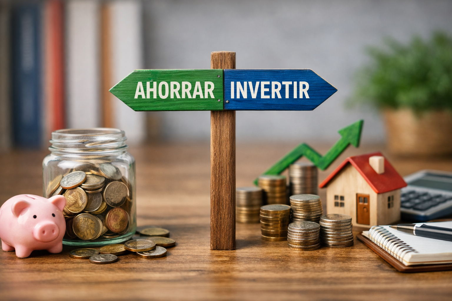 Imagen que representa la decisión entre ahorrar o invertir, con un cartel indicando ambas opciones, una hucha con monedas a un lado y una casa con gráfico ascendente al otro, simbolizando ahorro e inversión.