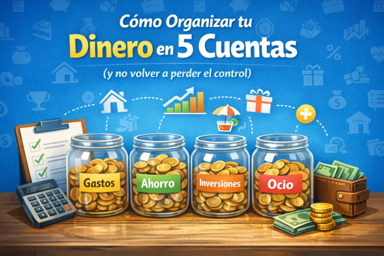 Ilustración que representa cómo organizar el dinero en 5 cuentas, con cinco tarros llenos de monedas etiquetados como gastos, ahorro, inversiones y ocio, junto a elementos financieros que simbolizan control y planificación del dinero.