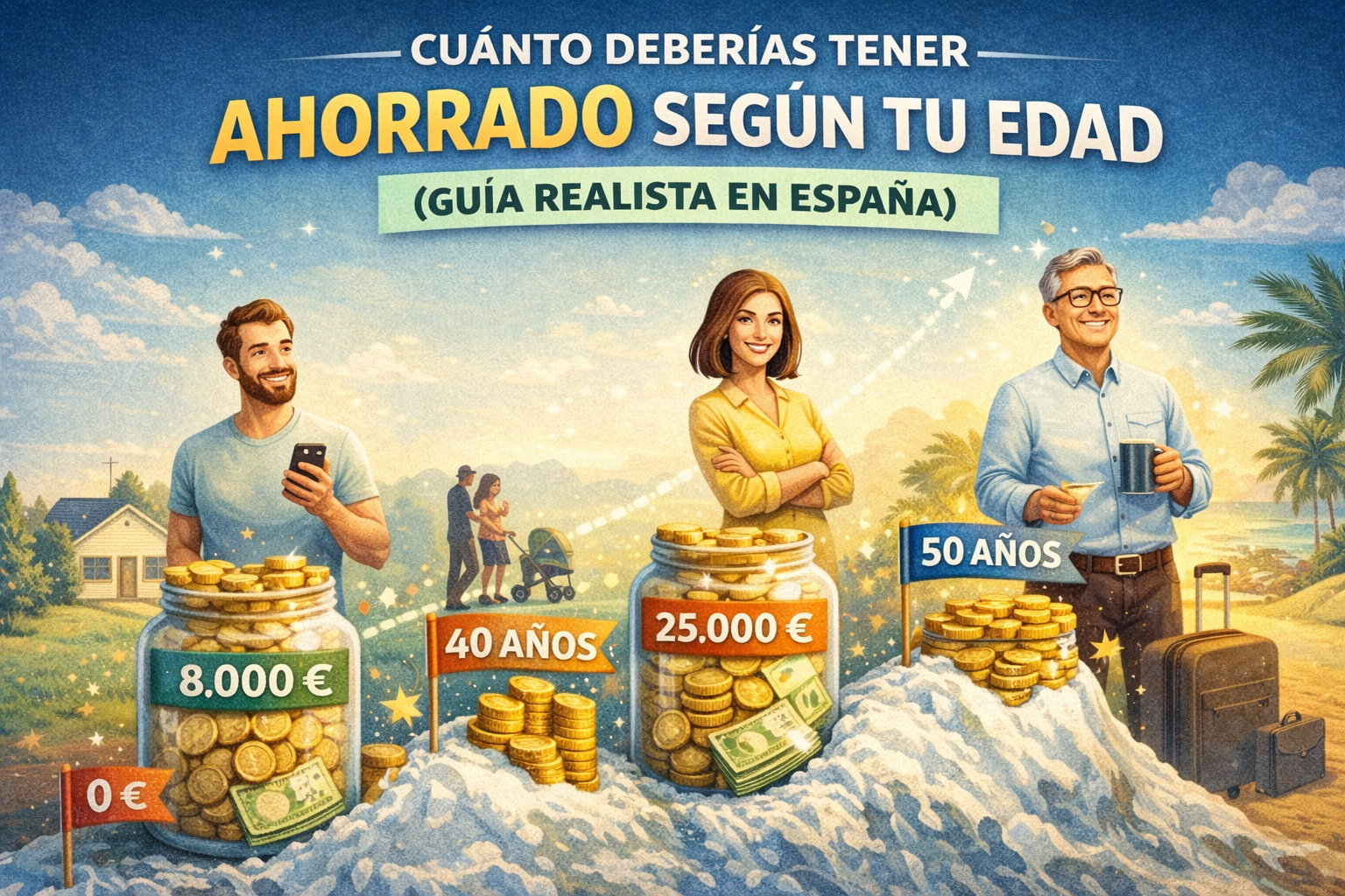 lustración que muestra cuánto dinero deberías tener ahorrado según tu edad, con personas en diferentes etapas (30, 40 y 50 años) junto a tarros con dinero y cantidades crecientes, representando la evolución del ahorro a lo largo de la vida.